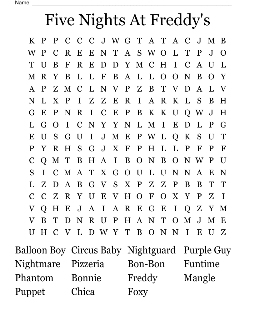 Five Nights At Freddy's Word Search