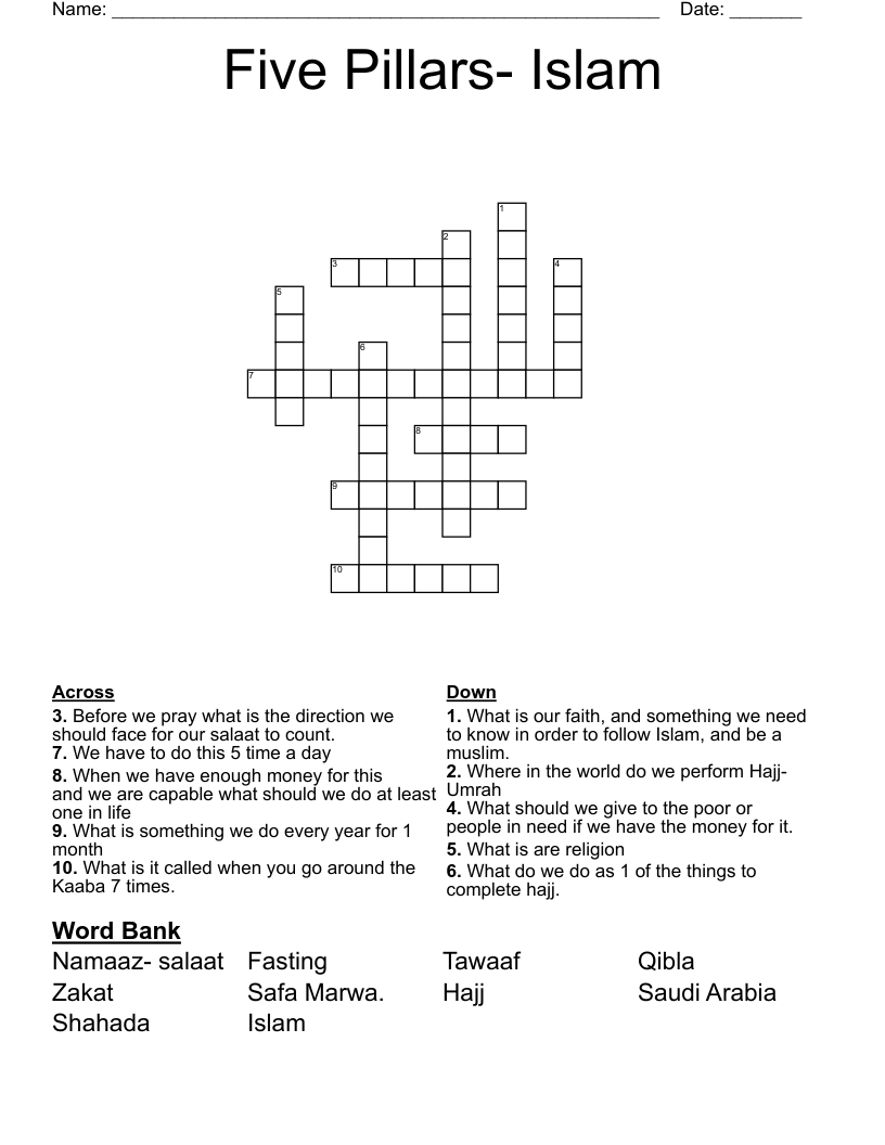 Five Pillars- Islam Crossword