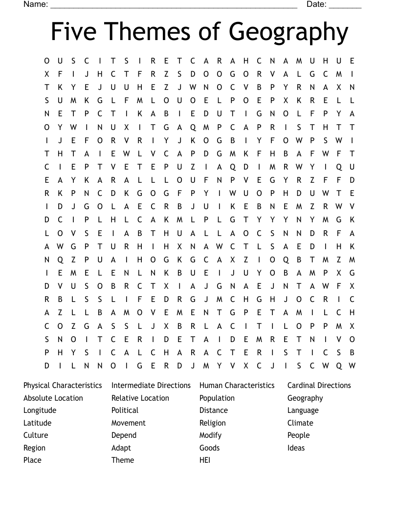 Five Themes of Geography Word Search