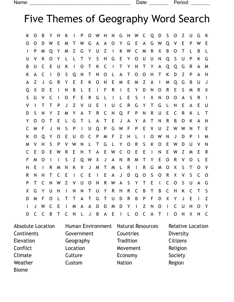 Five Themes of Geography Word Search