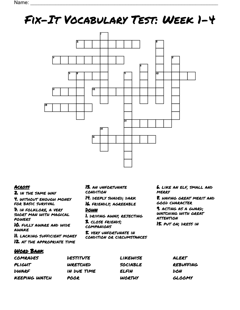 Fix-It Vocabulary Test: Week 1-4 Crossword