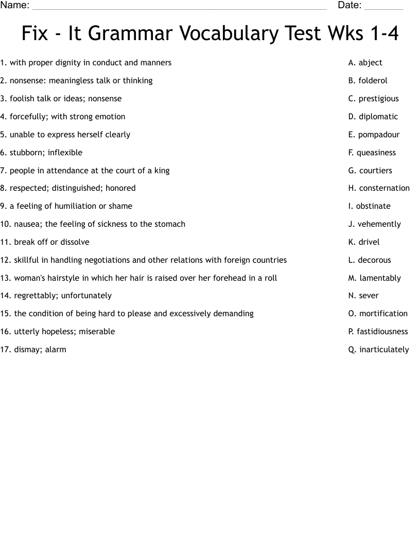 Fix - It Grammar Vocabulary Test Wks 1-4