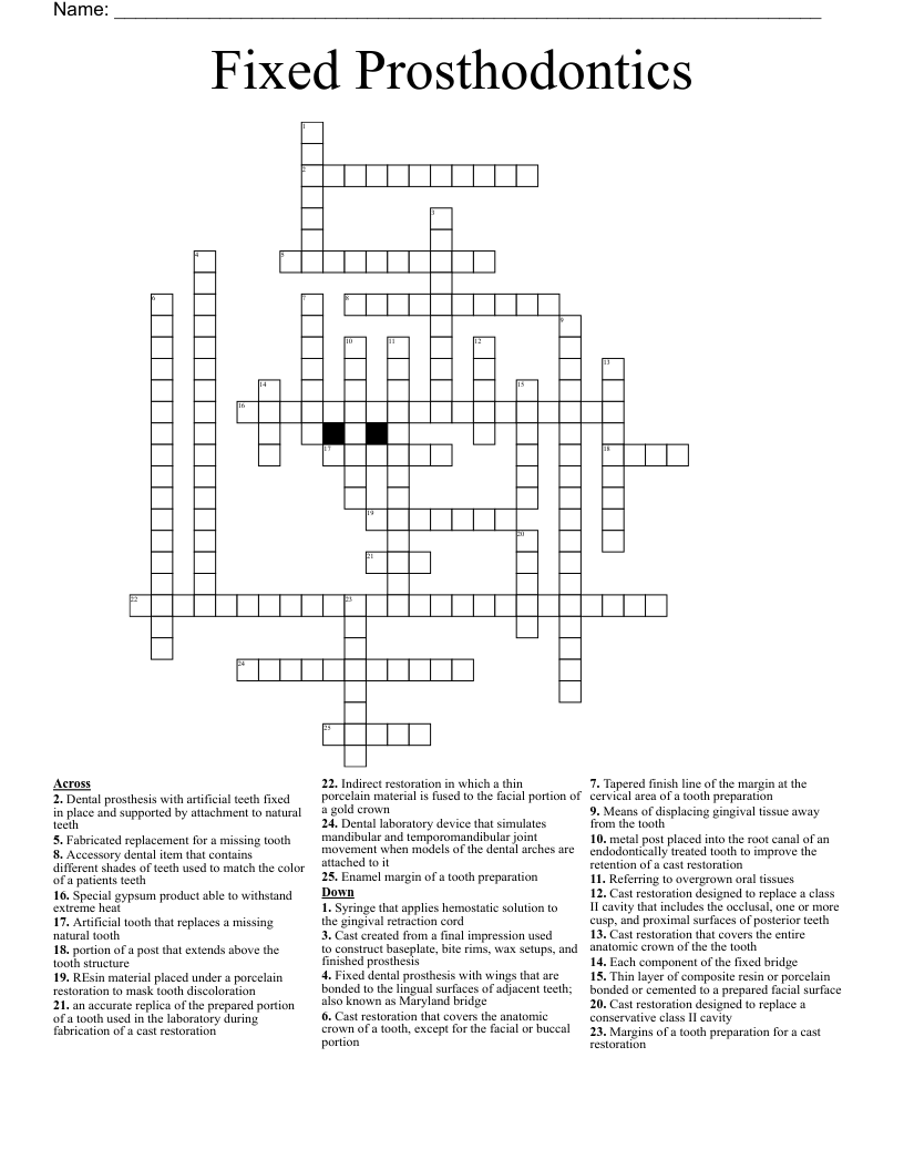 Fixed Prosthodontics Crossword