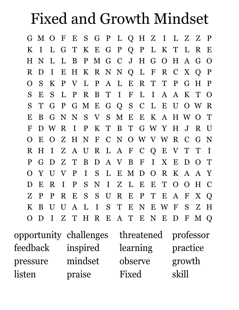 Fixed and Growth Mindset Word Search