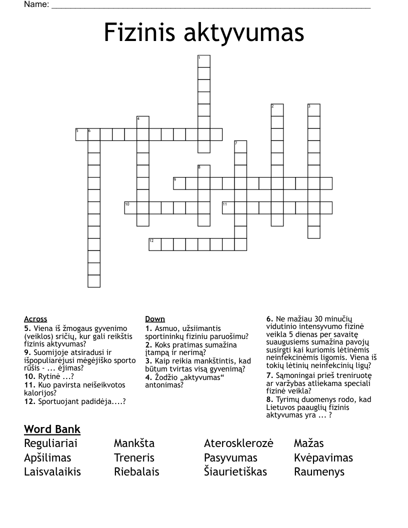 Fizinis aktyvumas Crossword