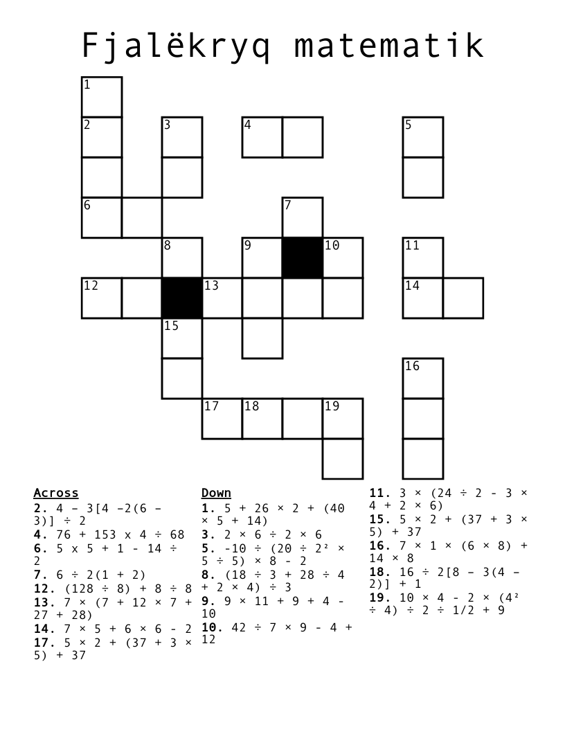Fjalëkryq matematik Crossword