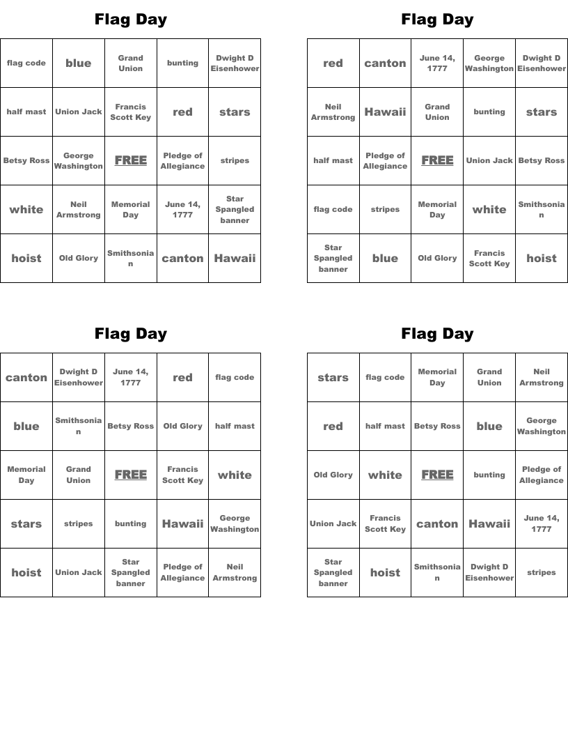 Flag Day Bingo Cards
