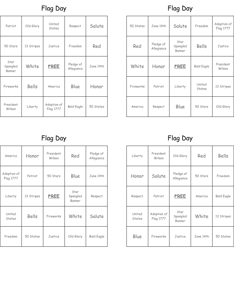 Flag Day  Bingo Cards