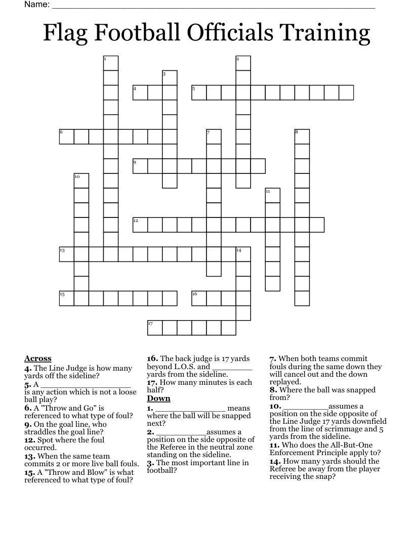 Flag Football Officials Training Crossword