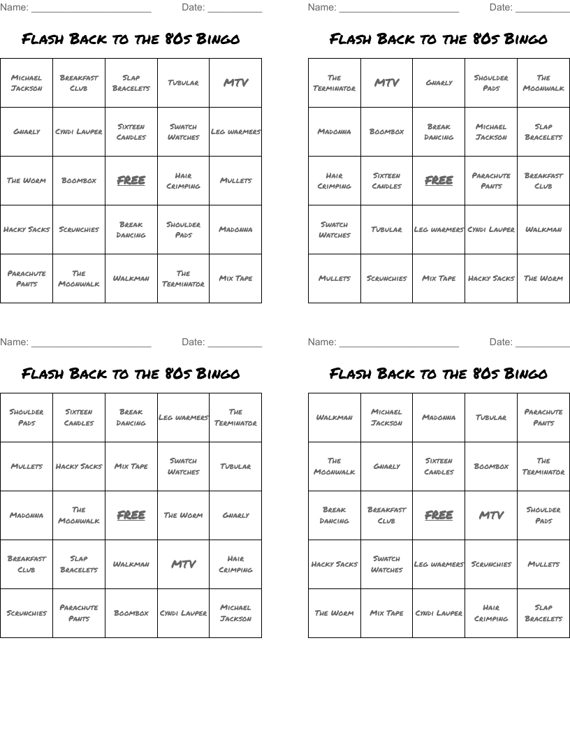 Flash Back to the 80s Bingo 