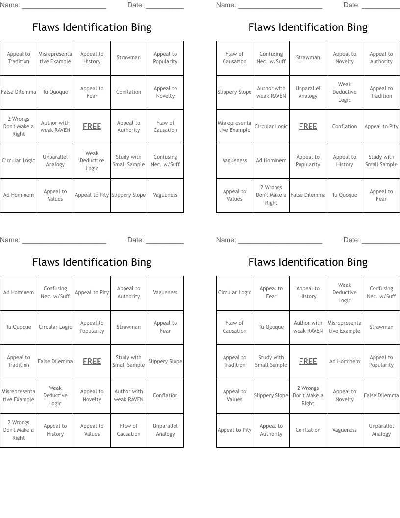 Flaws Identification Bing Bingo Cards