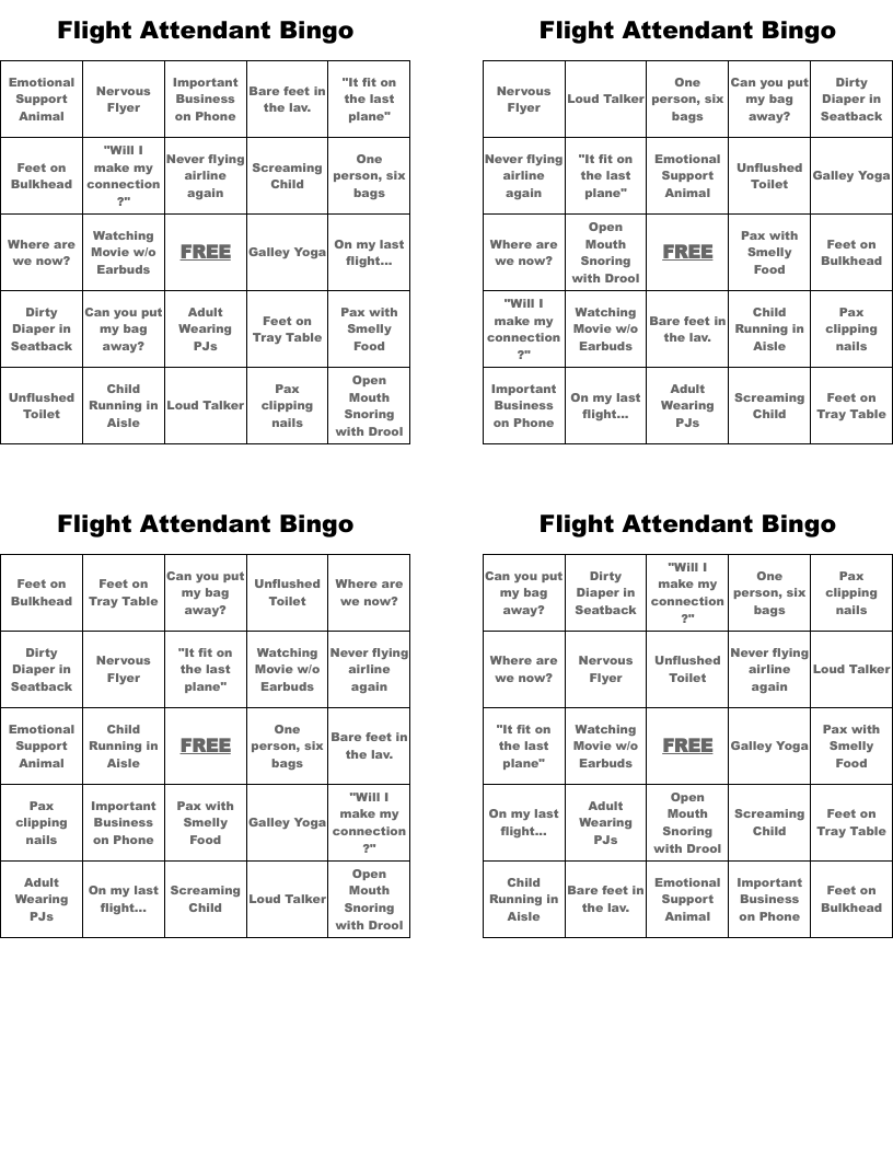 Flight Attendant Bingo