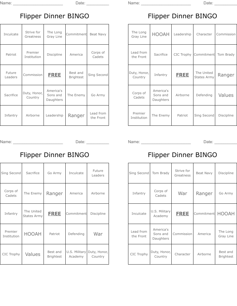 Flipper Dinner BINGO