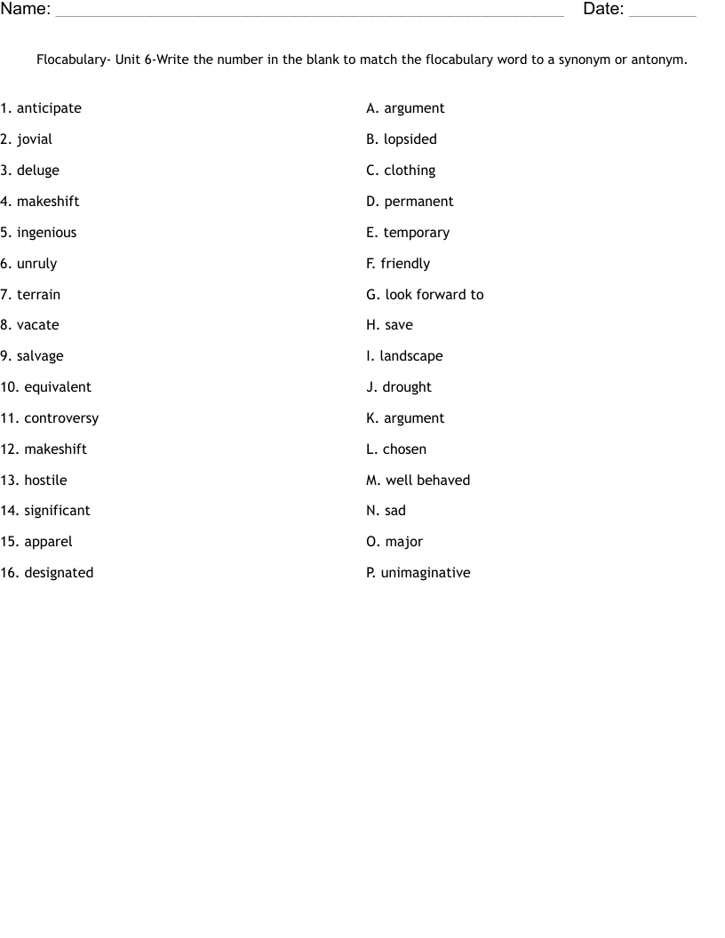 Flocabulary- Unit 6-Write the number in the blank to match the flocabulary word to a synonym or antonym. Worksheet