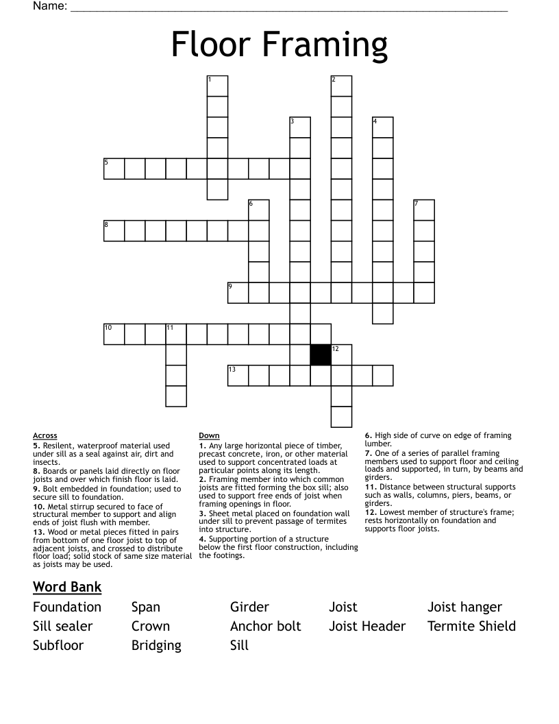 Floor Framing Crossword