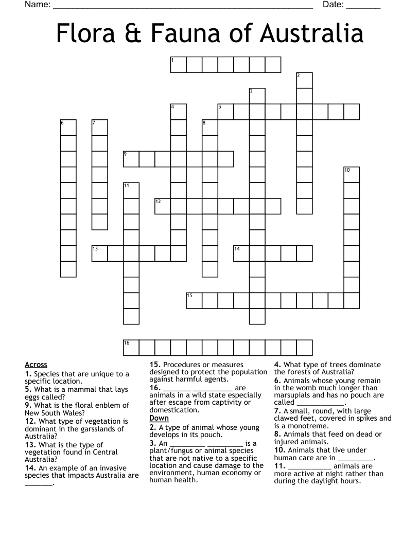 Flora & Fauna of Australia Crossword