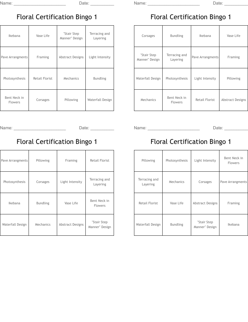 Floral Certification Bingo 1