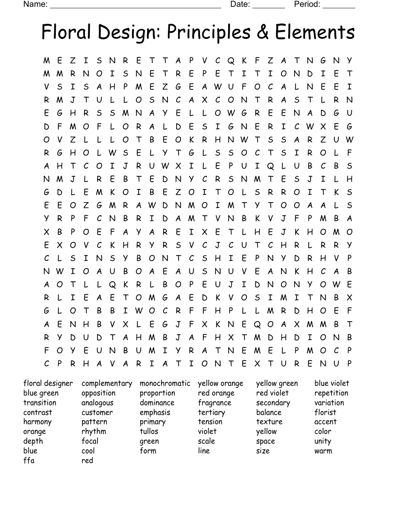 Floral Design: Principles & Elements Word Search