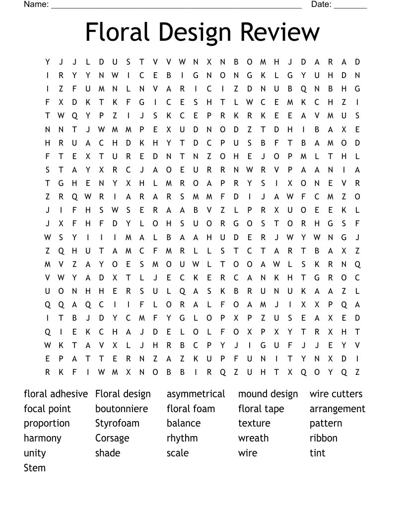 Floral Design Review  Word Search
