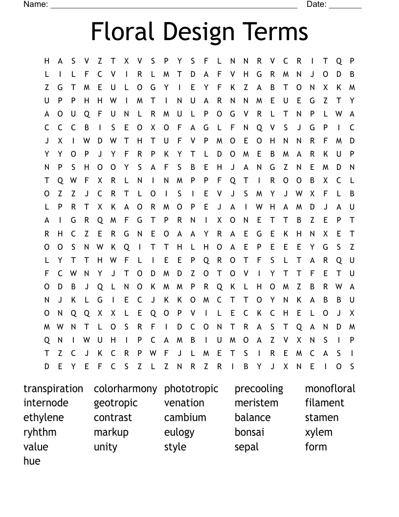 Floral Design Terms Word Search