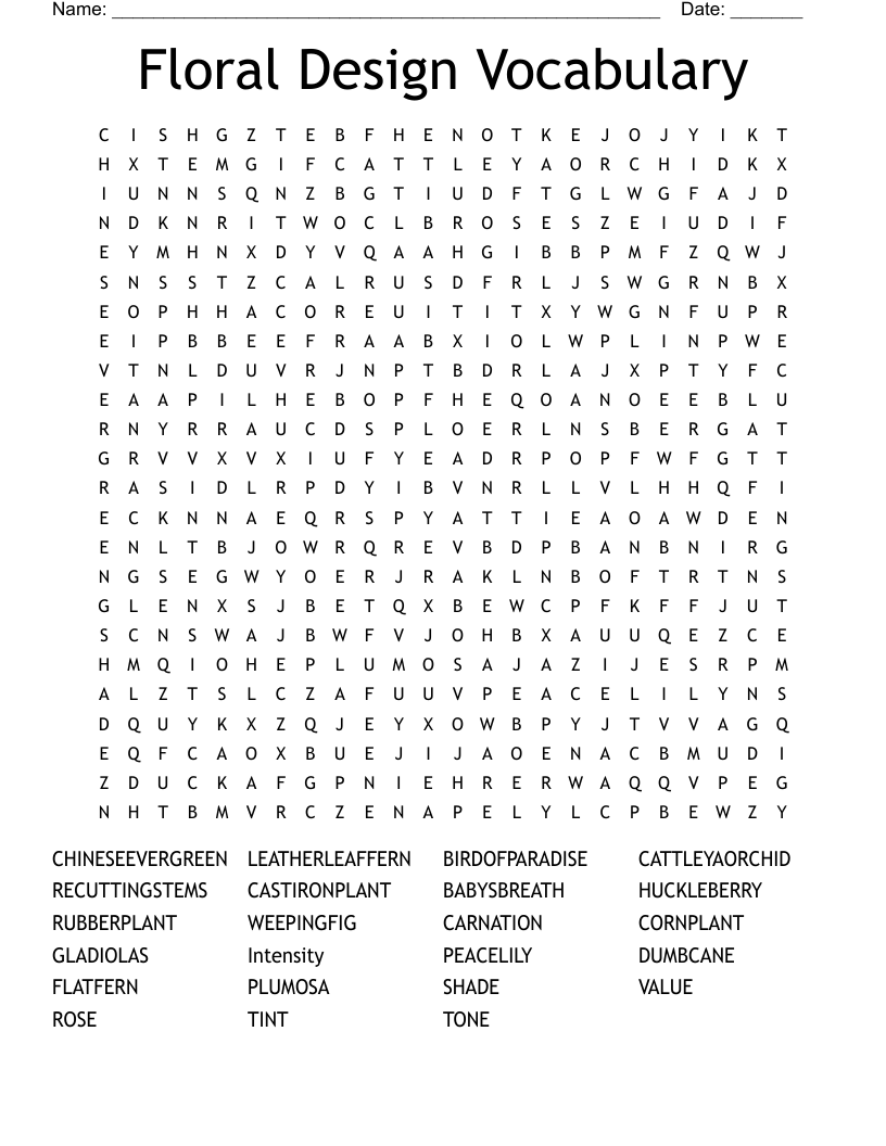 Floral Design Vocabulary Word Search