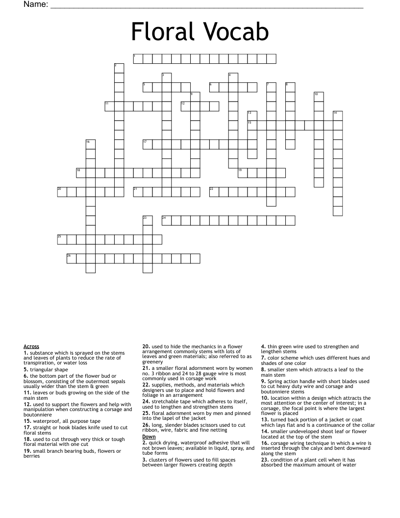 Floral Vocab  Crossword