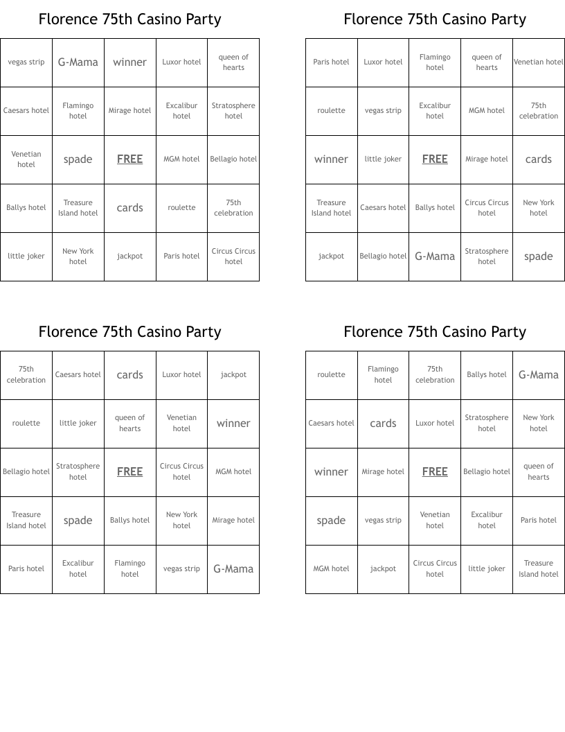Florence 75th Casino Party Bingo Cards