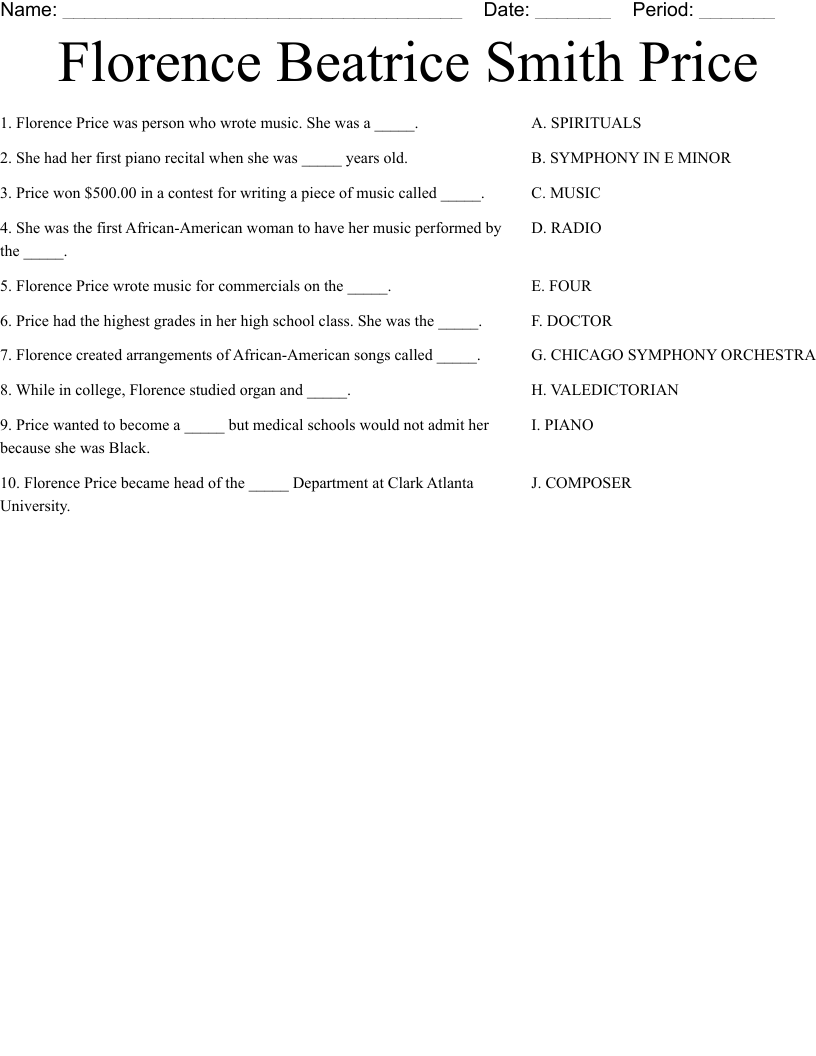 Florence Beatrice Smith Price Worksheet