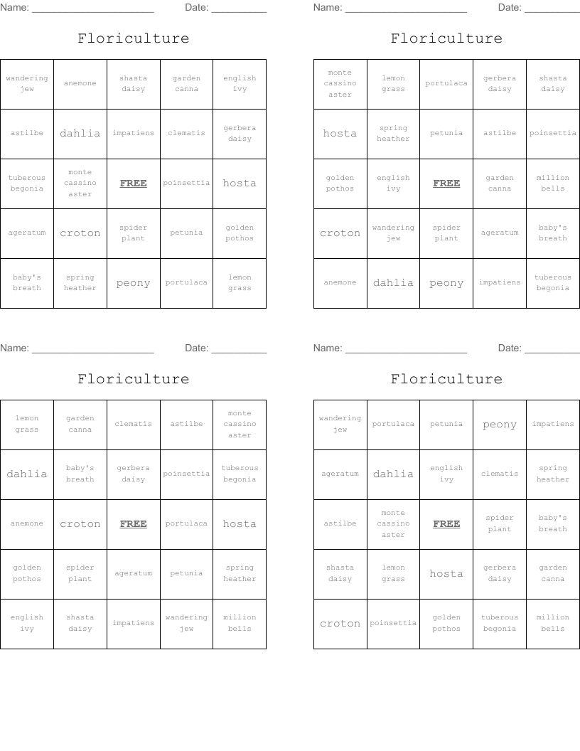 Floriculture Bingo Cards