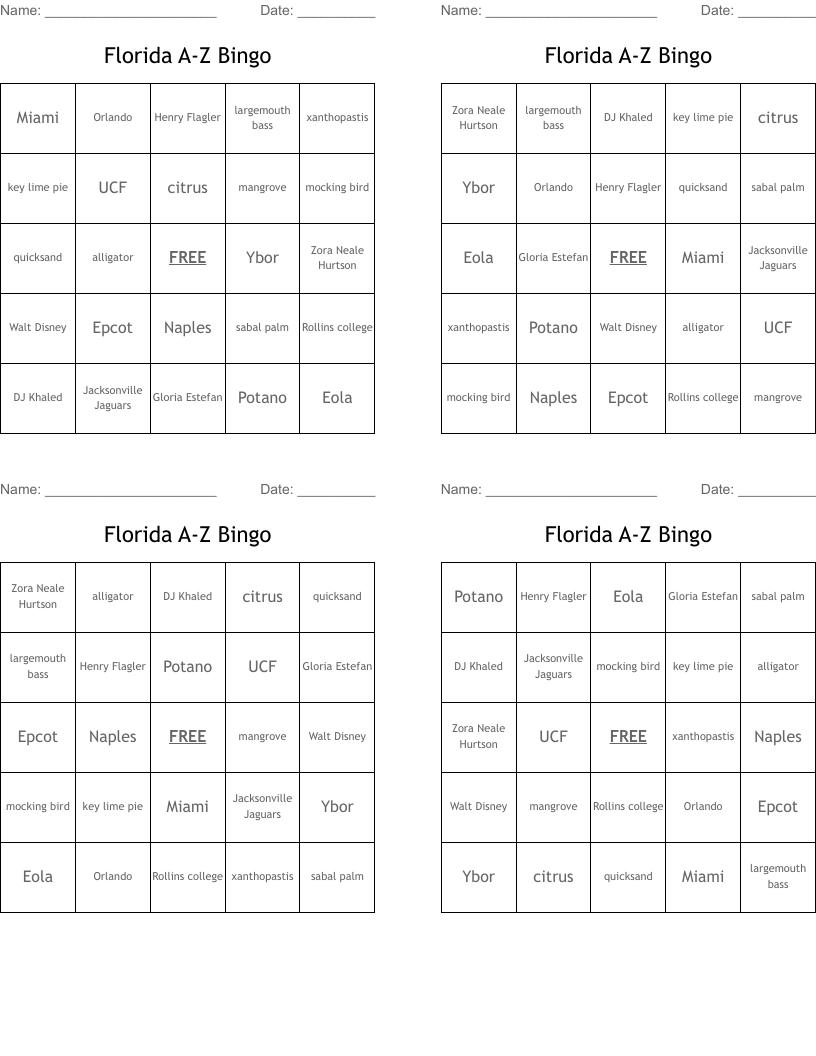 Florida A-Z Bingo