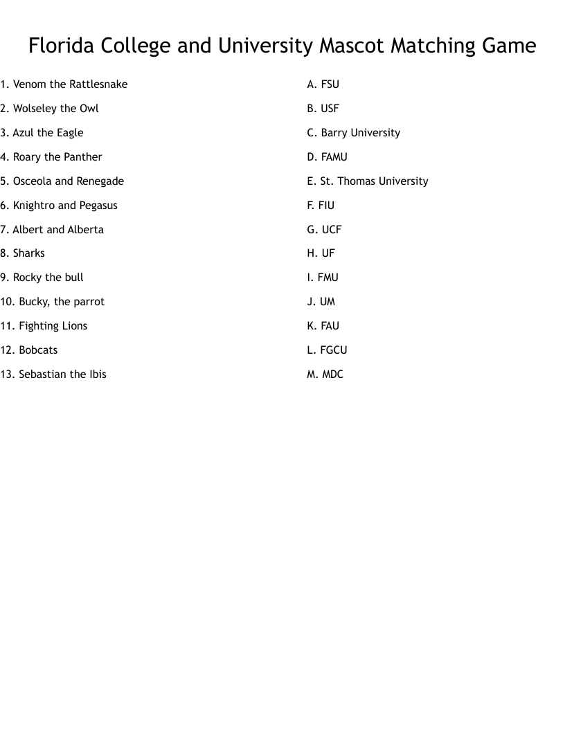 Florida College and University Mascot Matching Game Worksheet