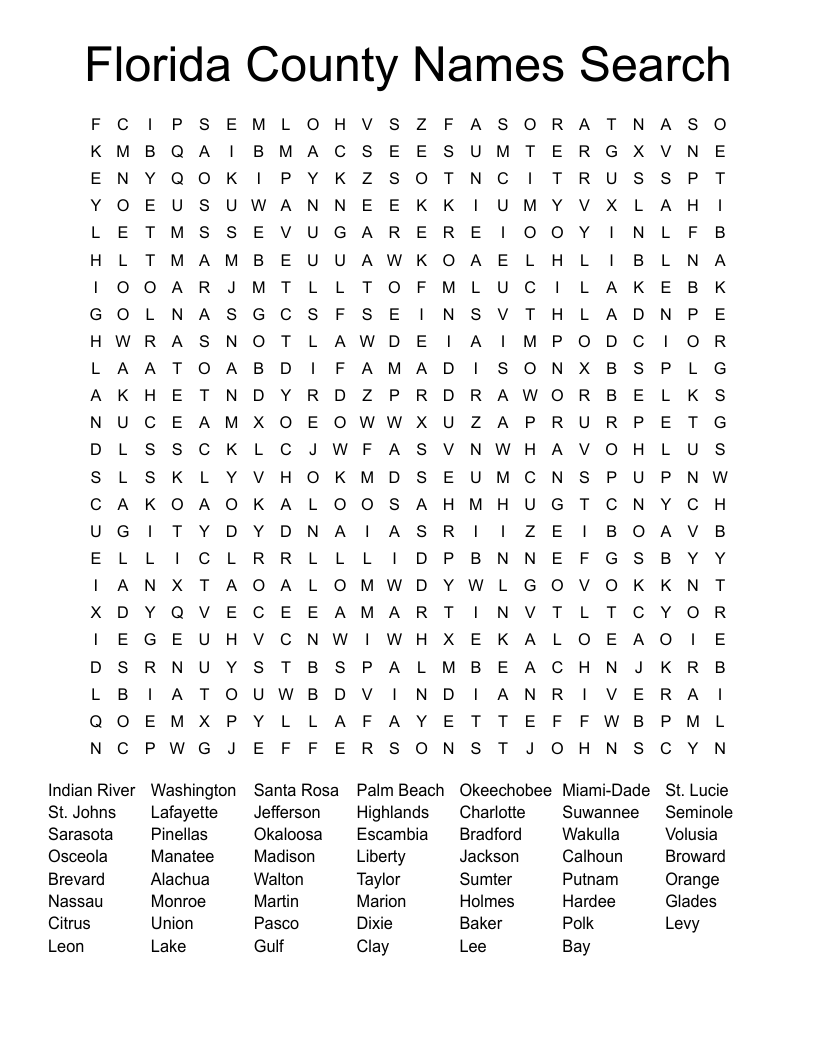 Florida County Names Search Word Search