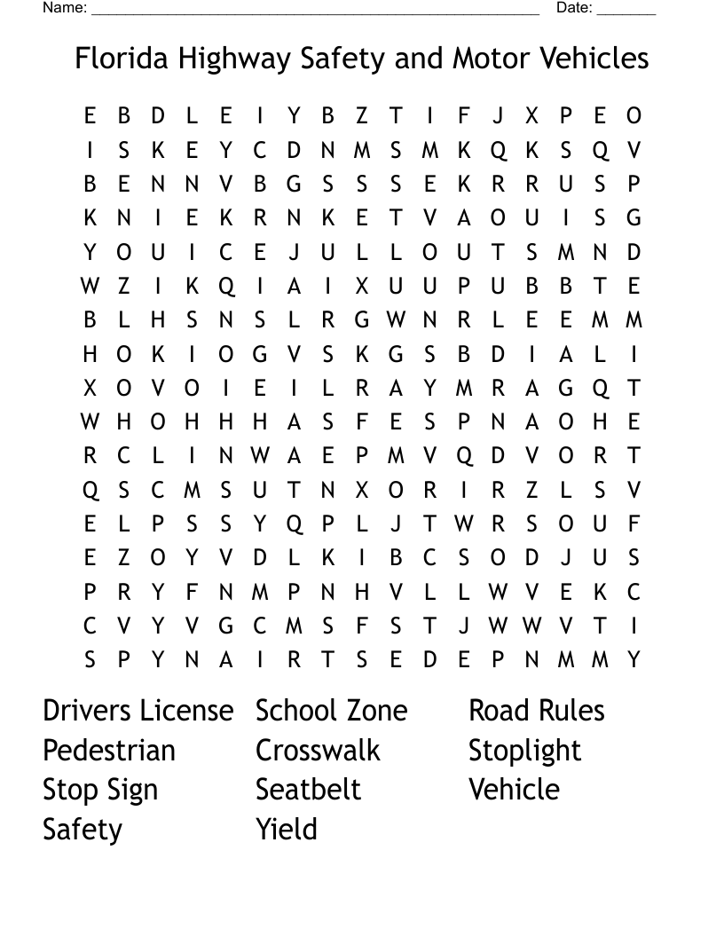 Florida Highway Safety and Motor Vehicles Word Search
