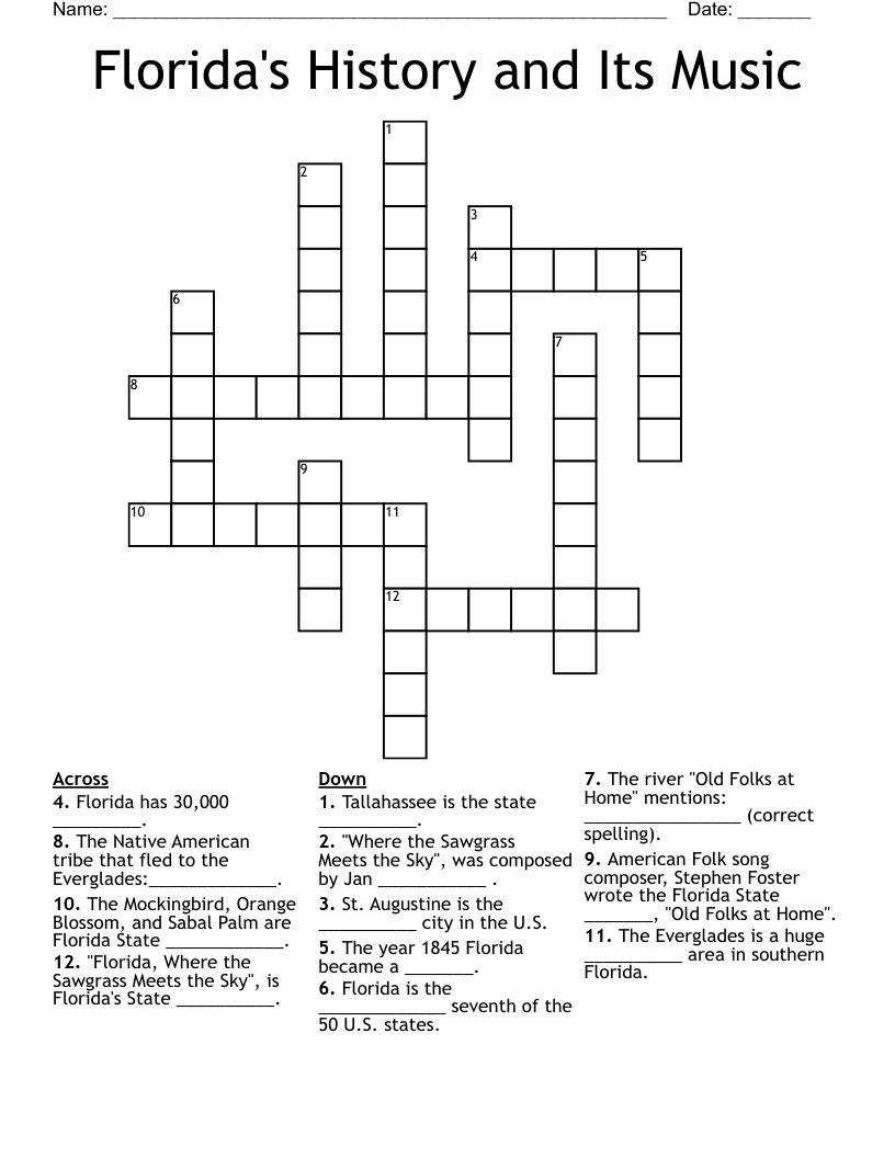 Florida's History and Its Music Crossword