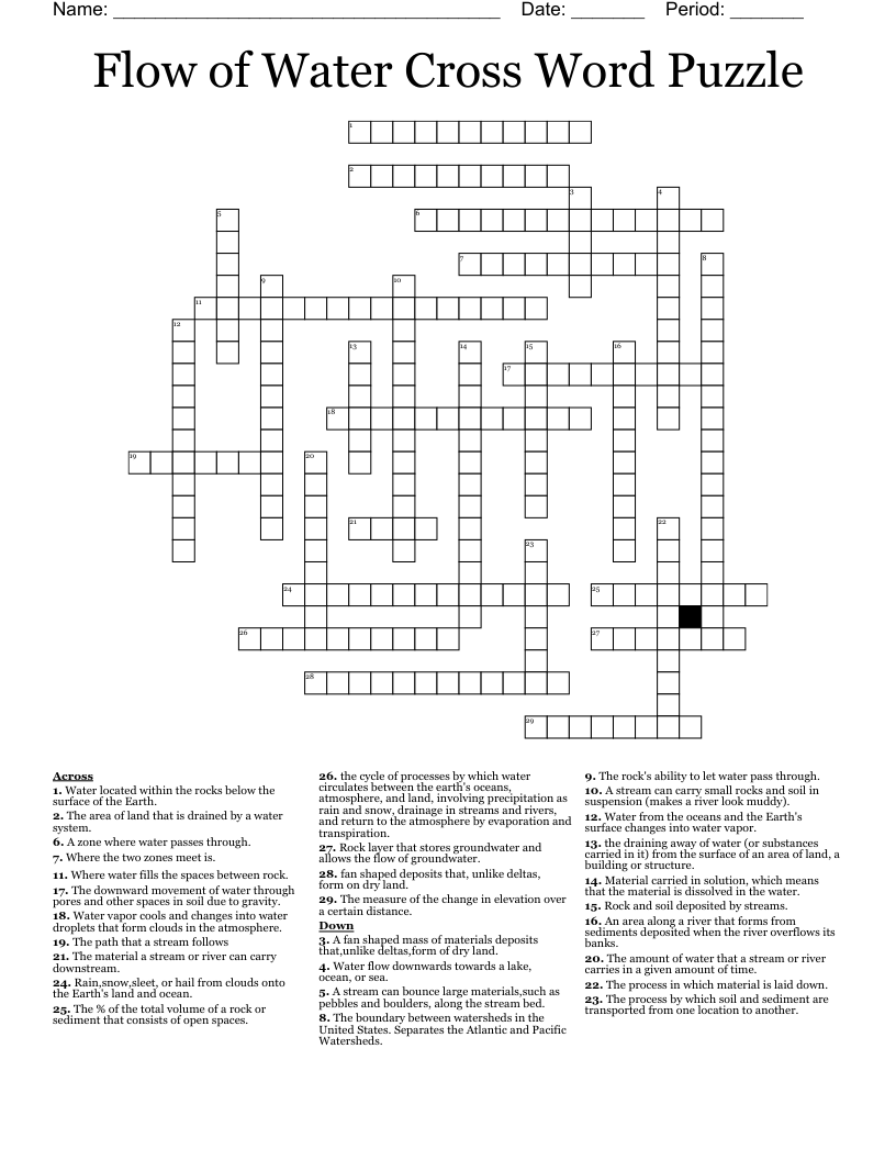 Flow of Water Cross Word Puzzle