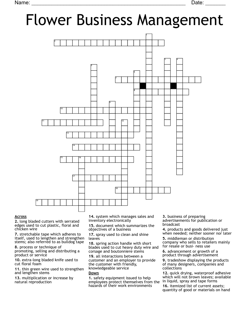 Flower Business Management Crossword