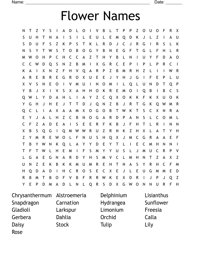 Flower Names Word Search