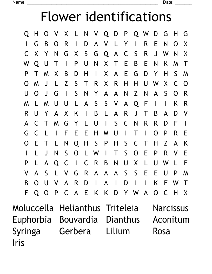 Flower identifications Word Search