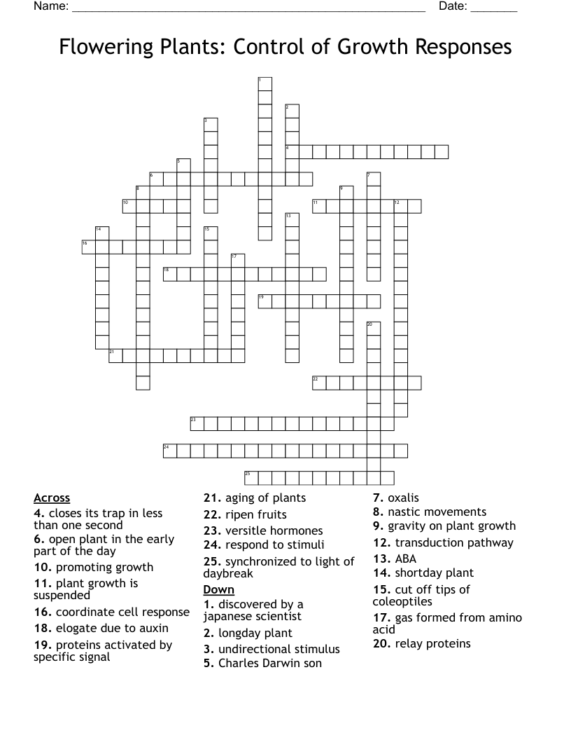 Flowering Plants: Control of Growth Responses Crossword
