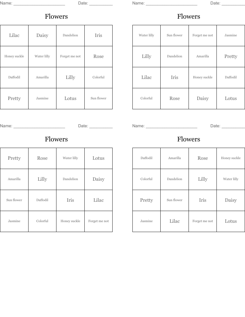 Flowers Bingo Cards