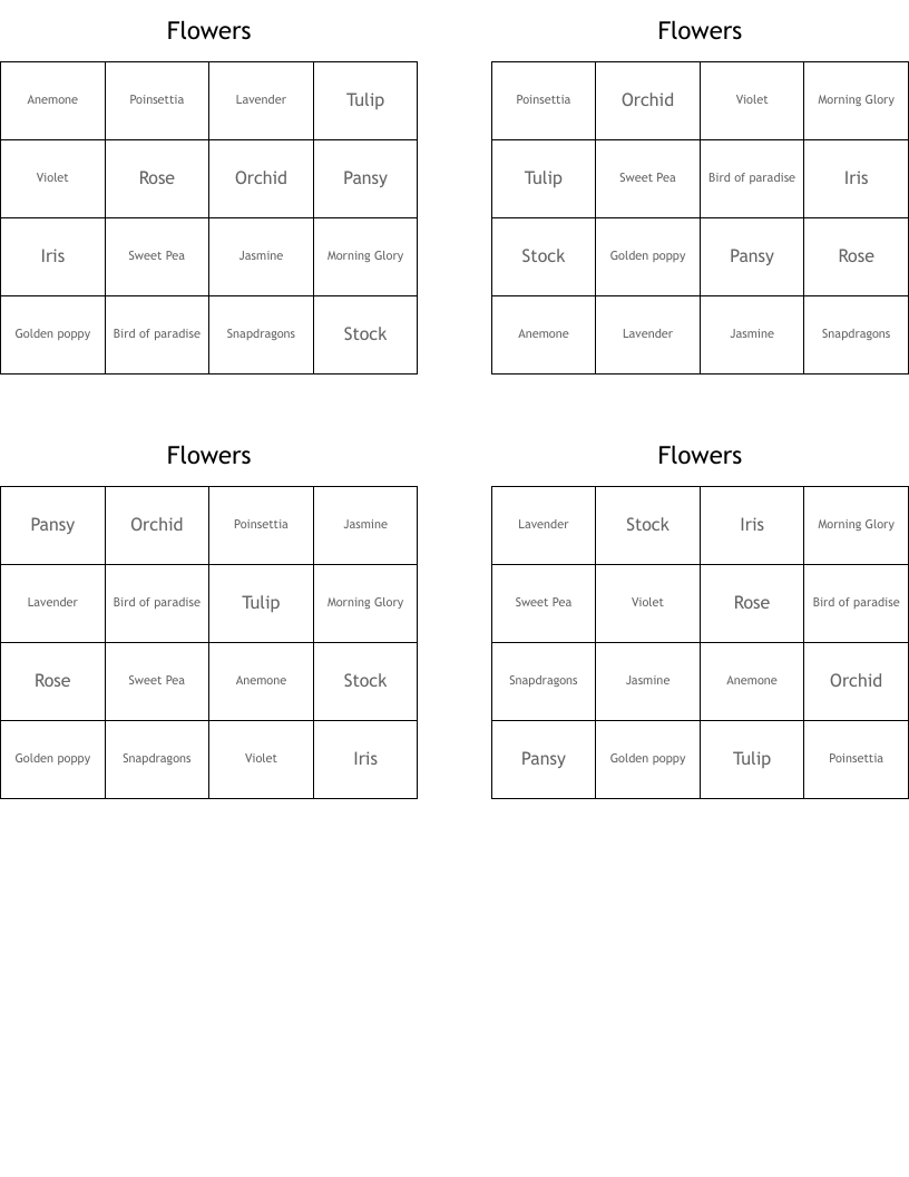 Flowers Bingo Cards