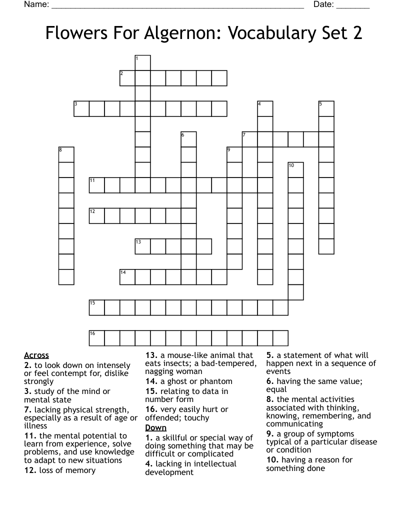 Flowers For Algernon:  Vocabulary Set 2 Crossword