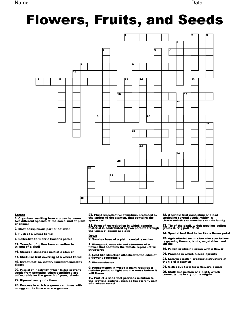 Flowers, Fruits, and Seeds Crossword