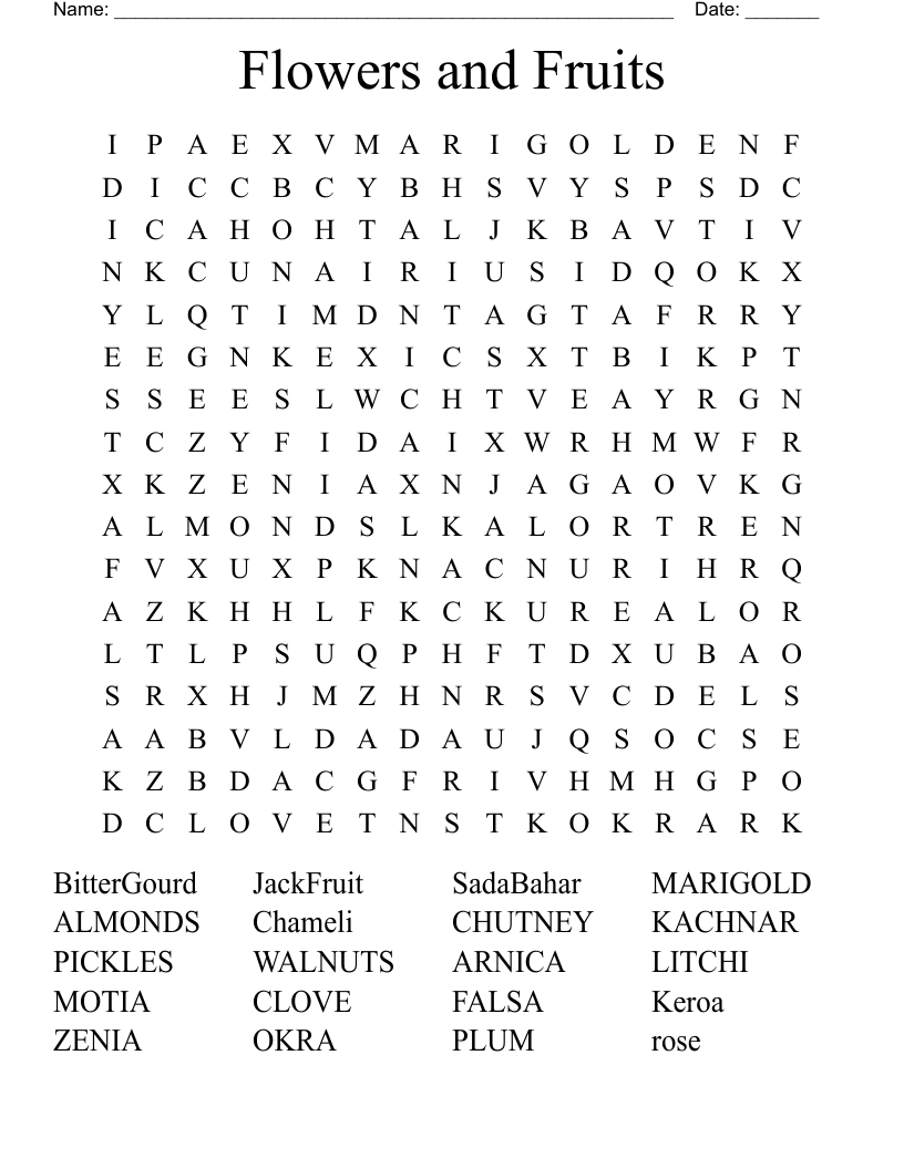 Flowers and Fruits Word Search