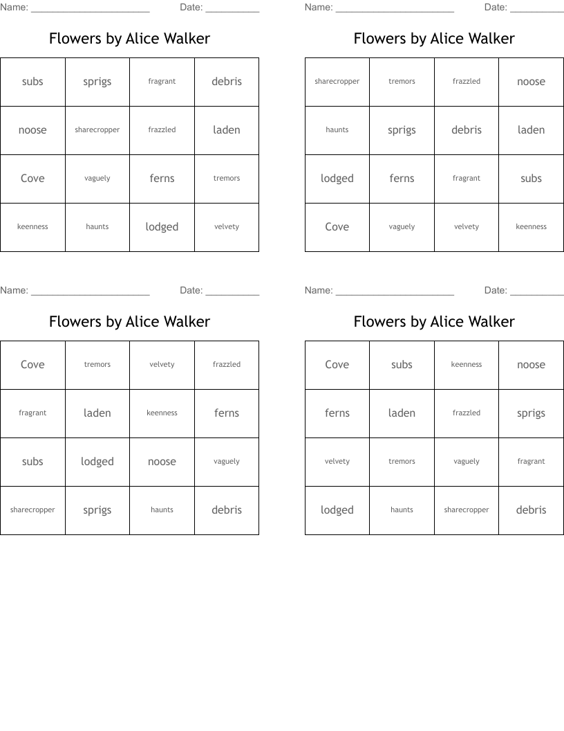 Flowers by Alice Walker Bingo Cards