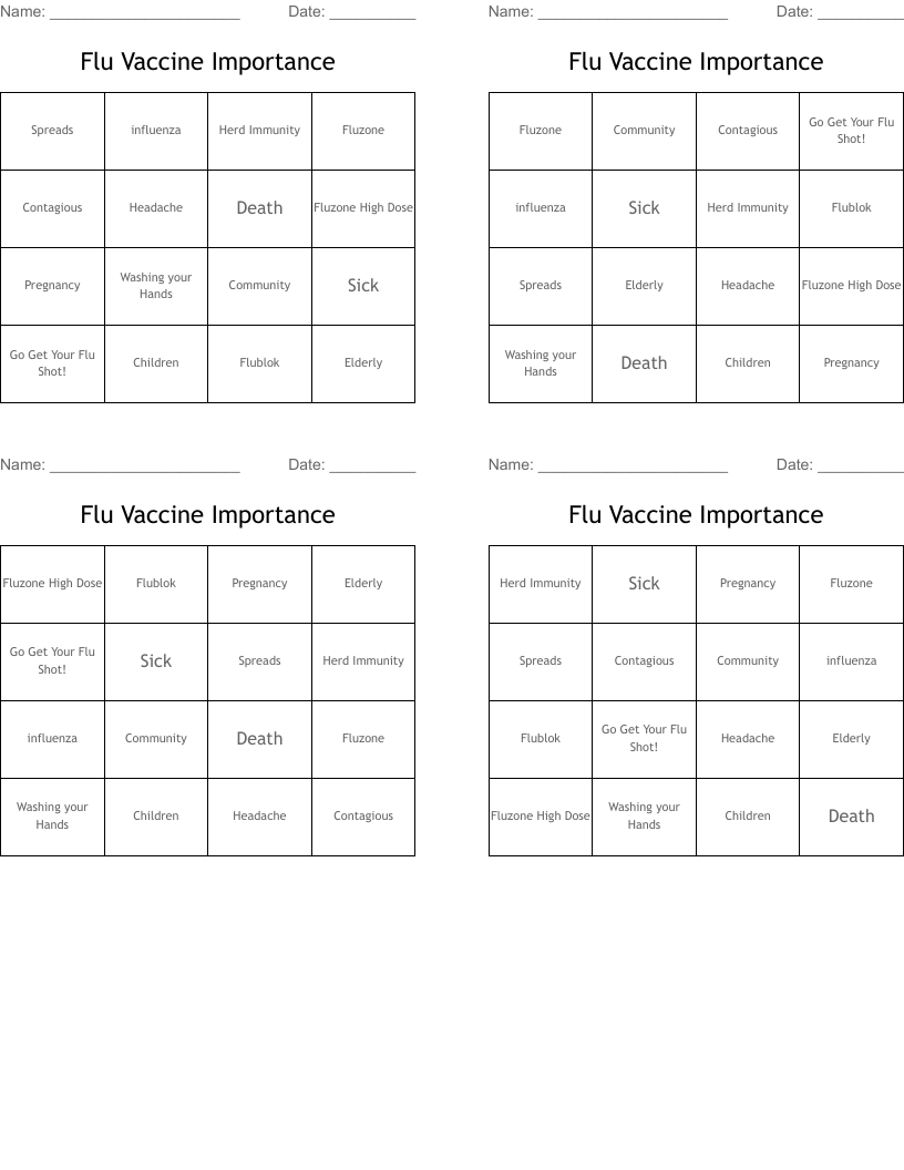 Flu Vaccine Importance  Bingo Cards