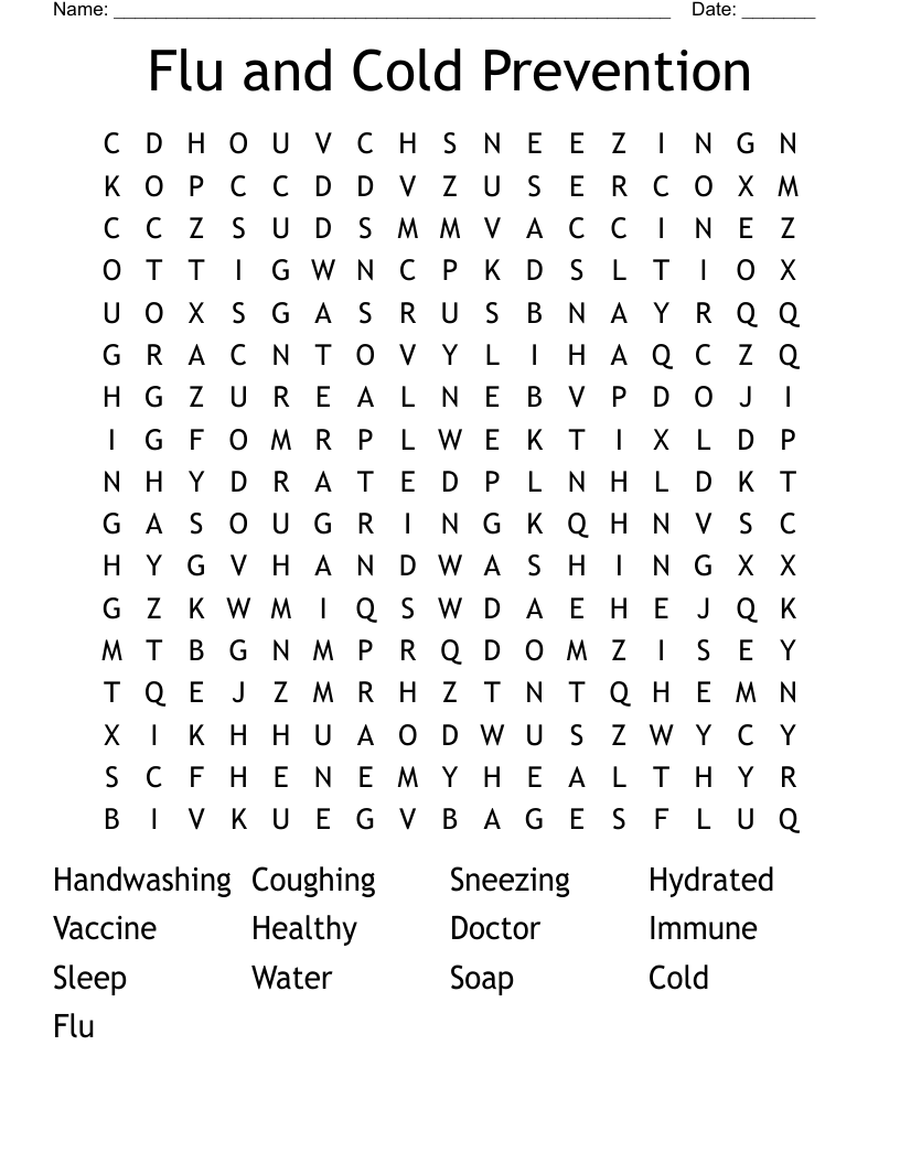 Flu and Cold Prevention  Word Search