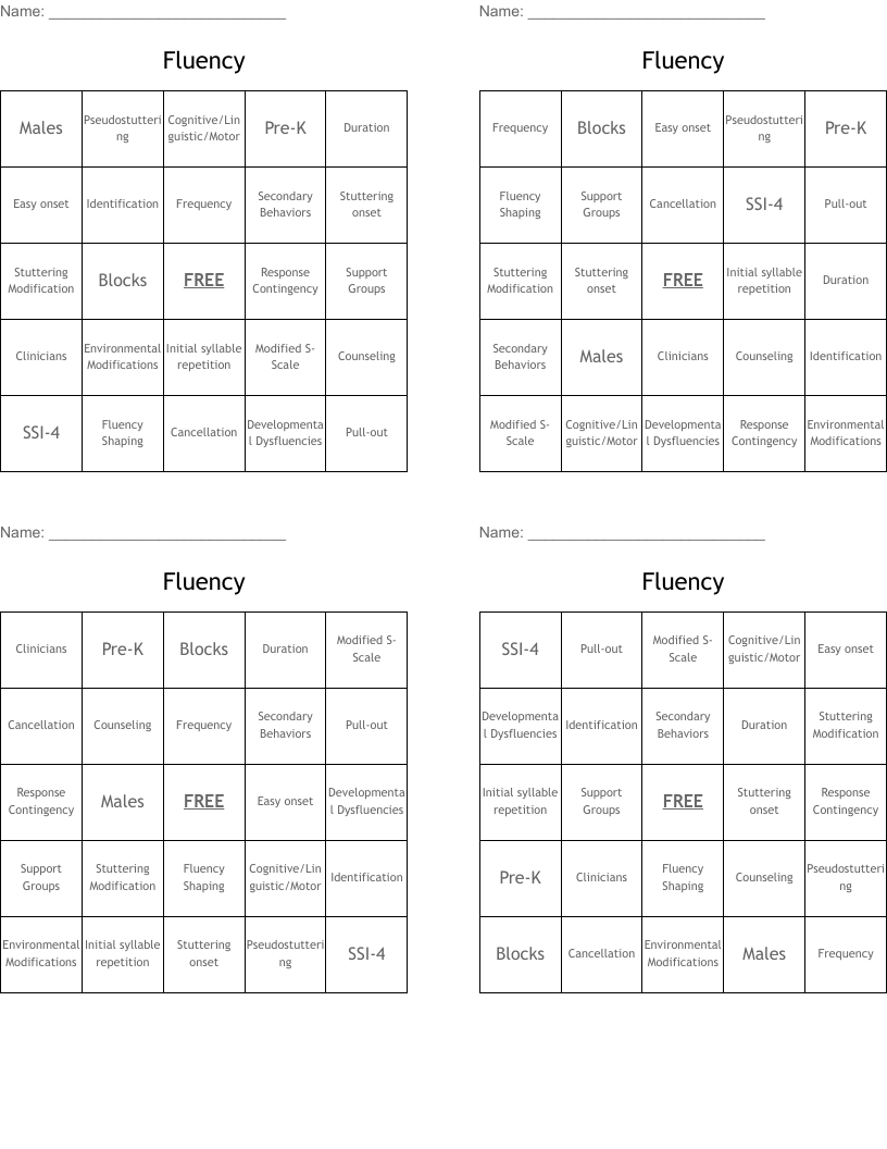 Fluency Bingo Cards