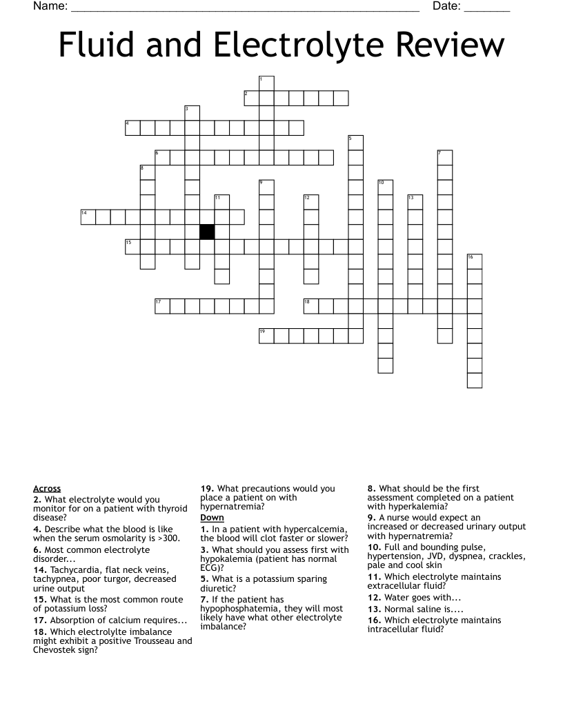 Fluid and Electrolyte Review Crossword
