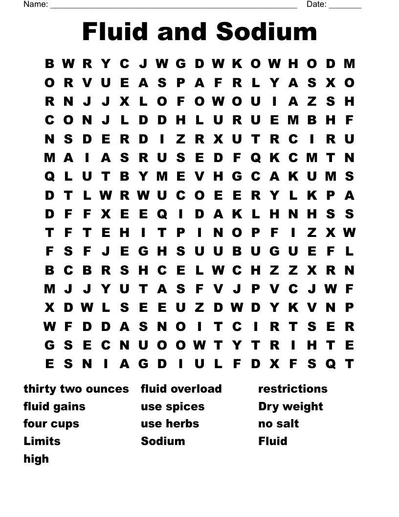 Fluid and Sodium Word Search